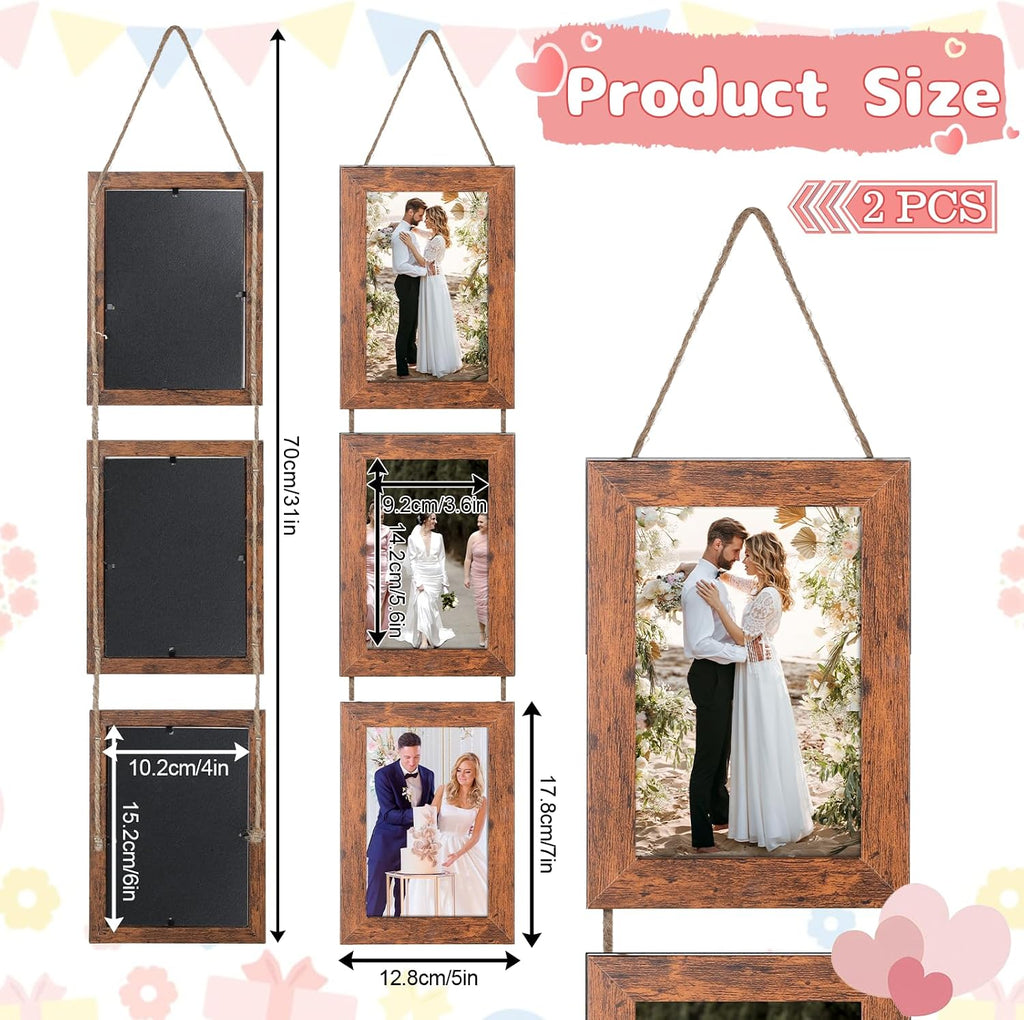 4x6 Rustic Brown Hanging Collage Picture Frames Set of 2, 3 Openings Collage Photo Frames Rustic Wooden Real Glass Vertical Hanging