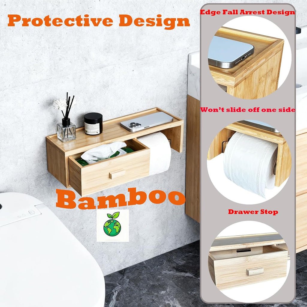 Large Bamboo Toilet Paper Holder with Shelf,Wall Mount Bathroom Holder with Wet Wipes Storage Drawer(Natural)