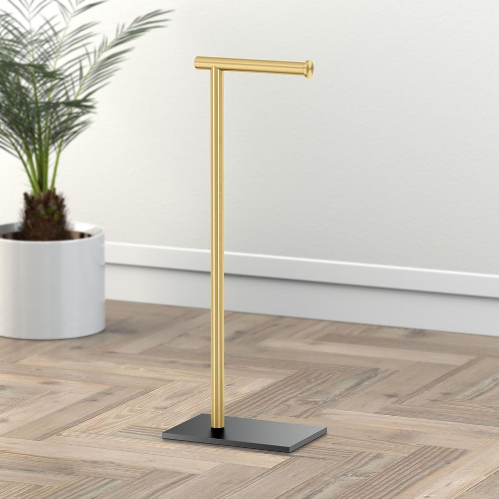 Gatco 1431MXB Modern Rectangle Base Freestanding Toilet Paper Holder, Matte Black/Brushed Brass, Weighted Base, 21.25" Bathroom Tissue Stand