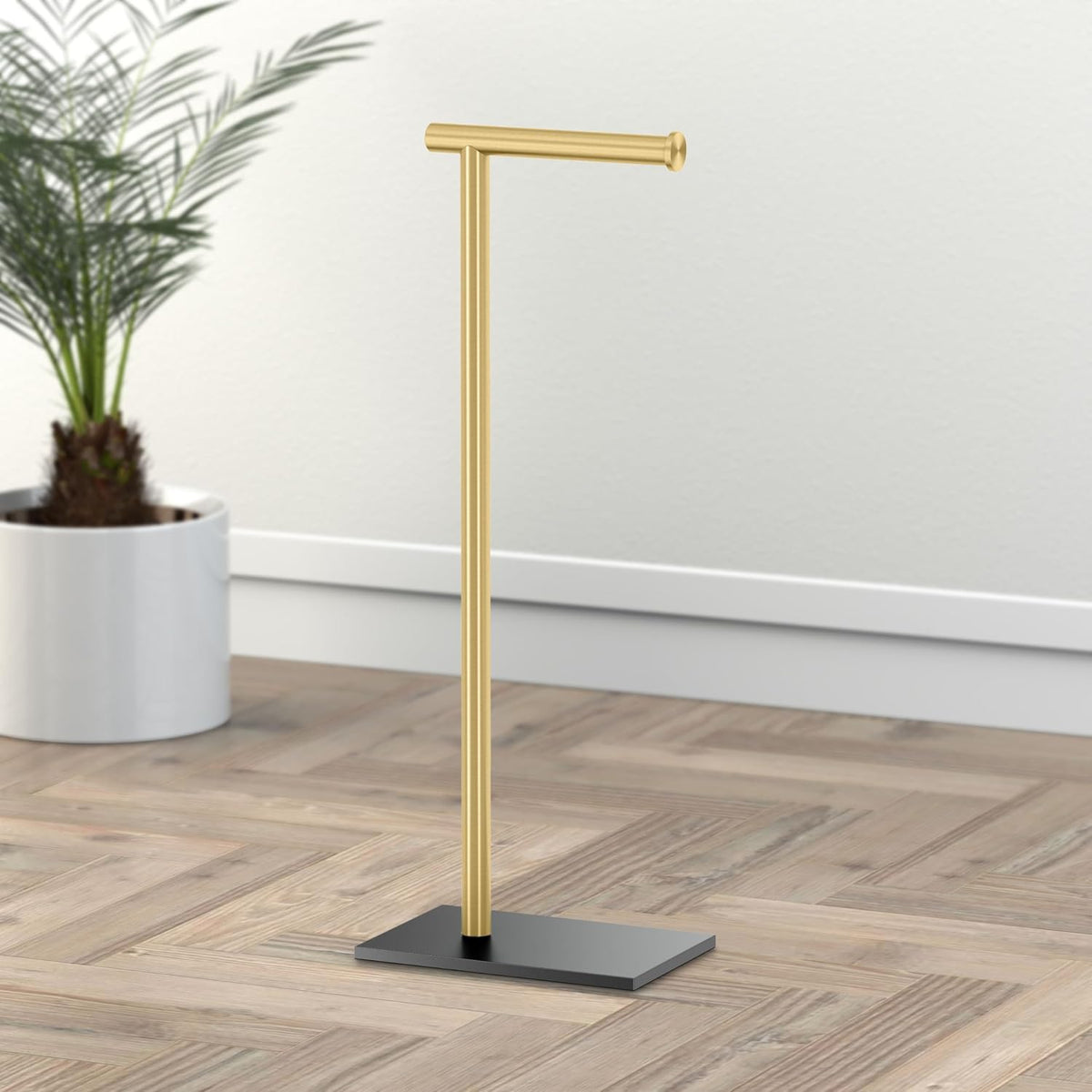 Gatco 1431MXB Modern Rectangle Base Freestanding Toilet Paper Holder, Matte Black/Brushed Brass, Weighted Base, 21.25" Bathroom Tissue Stand