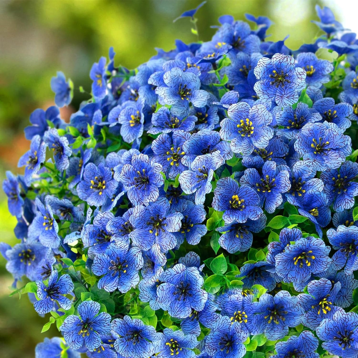 12 Bundles Artificial Flowers for Outdoors, Fake Silk Plastic Flowers for Outside, UV Resistant Faux Plants for Outside Garden Porch Window Home Planters Decoration (Blue)