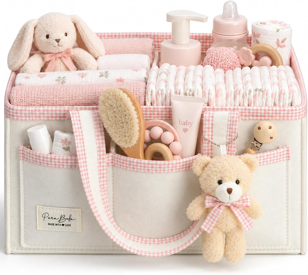 PeraBella Baby Diaper Caddy Organizer, Baby Basket Shower Gift Caddy, Portable Felt Changing Table Basket, Nursery Storage Bin, Newborn Boy and Girl Essentials for Registry, Car Diaper Organizer