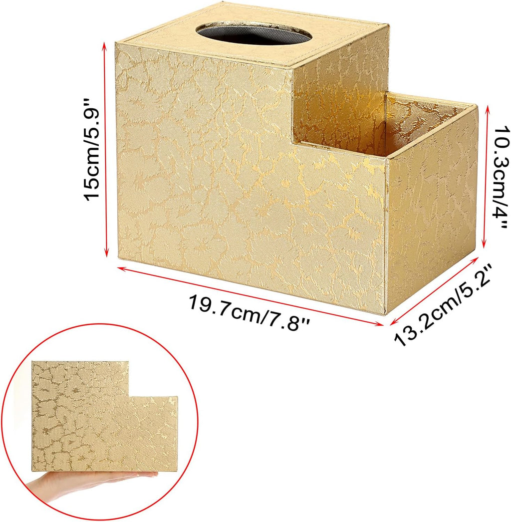 Sumnacon Square Leather Tissue Box Cover - PU Cube Tissue Box Holder with Side Organizer, Decorative Tissue Box for Living Room Vanity Night Stand Desk Countertop Office, Gold