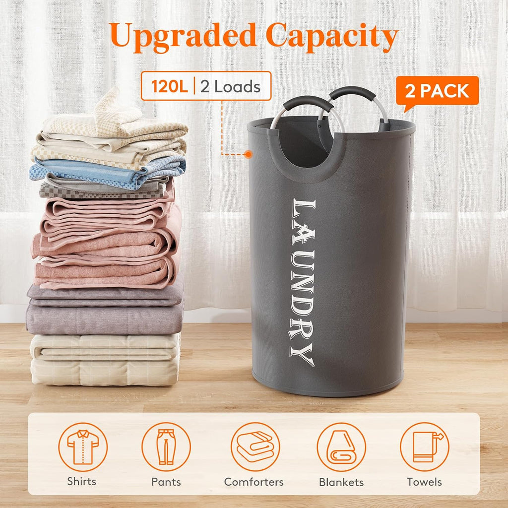 Lifewit 2 Pack 120L Laundry Basket with Aluminum Handles, Grey