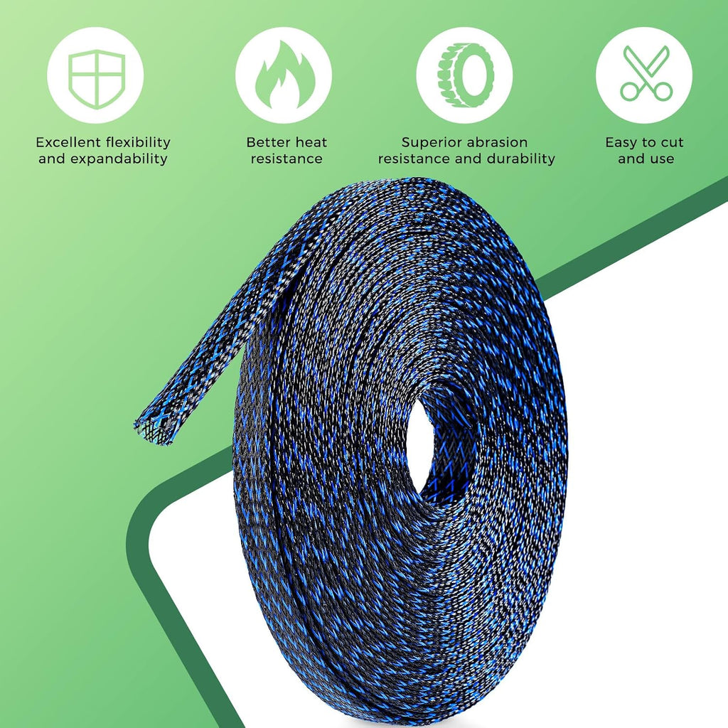 132 ft Expandable Braided Cable Sleeve Wire Loom PET Wire Sleeving，Wrap Management Mesh for Audio Video and Other Home Device Cable Automotive Wire - (1/2 Inch, 1/4 Inch, 3/8 Inch,3/4 Inch,Blue)