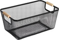 AJIODA Metal Mesh Steel Basket, Large Wire Storage Organizer Basket Multi-function Hanging Kitchen Baskets with Wood Handle for Kitchen Bathroom Picnic Home, Rectangle-Black