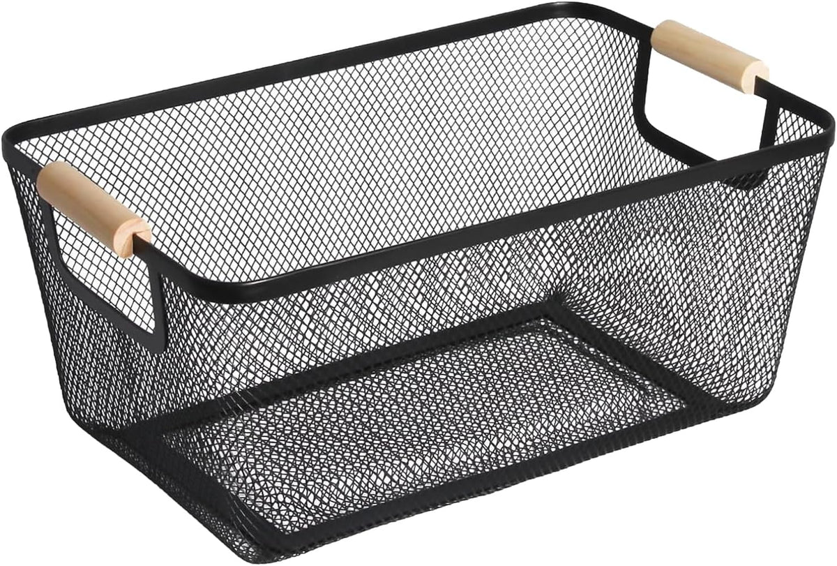 AJIODA Metal Mesh Steel Basket, Large Wire Storage Organizer Basket Multi-function Hanging Kitchen Baskets with Wood Handle for Kitchen Bathroom Picnic Home, Rectangle-Black