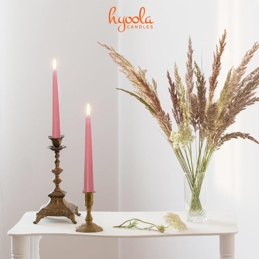 Hyoola 12 Pack Tall Taper Candles - 12 Inch Rose Pink Dripless, Unscented Dinner Candle - Paraffin Wax with Cotton Wicks - 10 Hour Burn Time