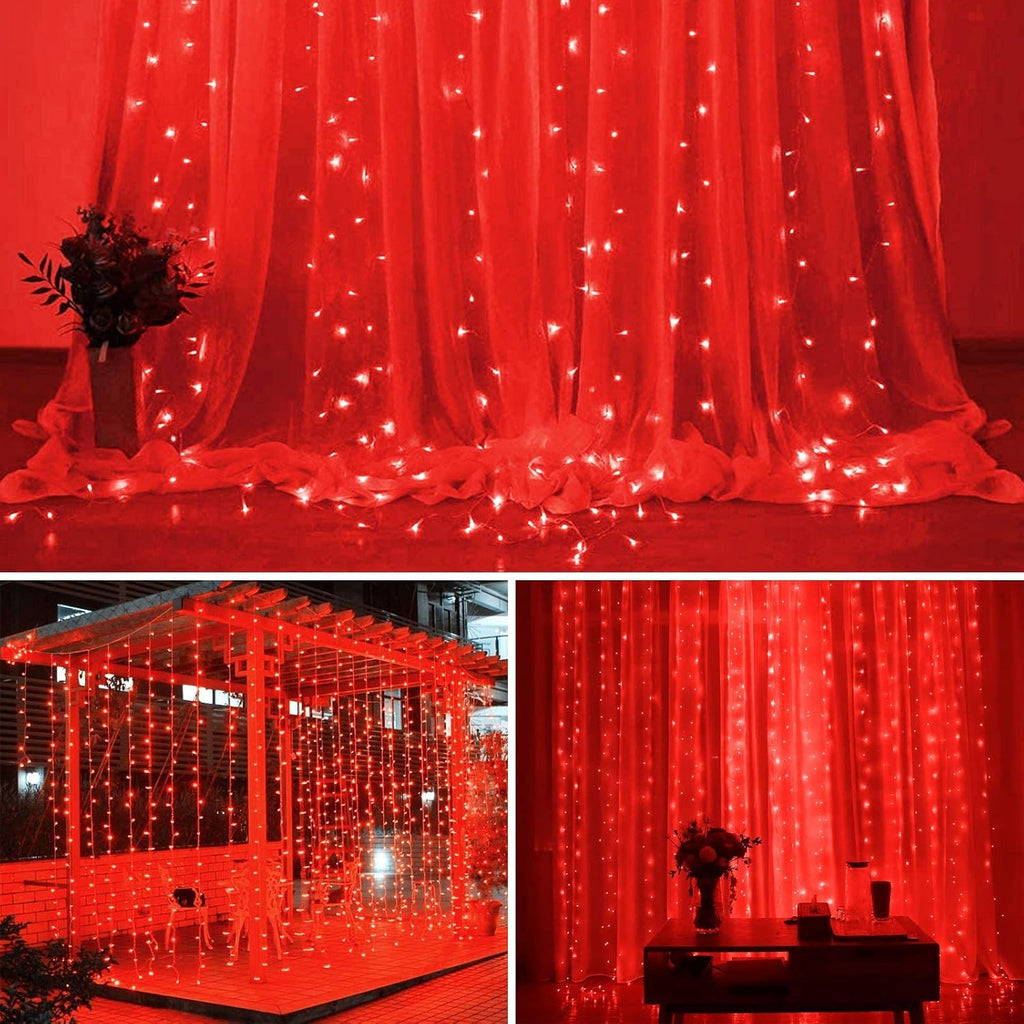 SUNNEST LED Curtain Lights Christmas, 300 LEDs 9.8FT x 9.8FT USB Curtain String Light with 8 Lighting Modes Wall Lights with Remote Control, Twinkle Light for Bedroom Decoration (Red)