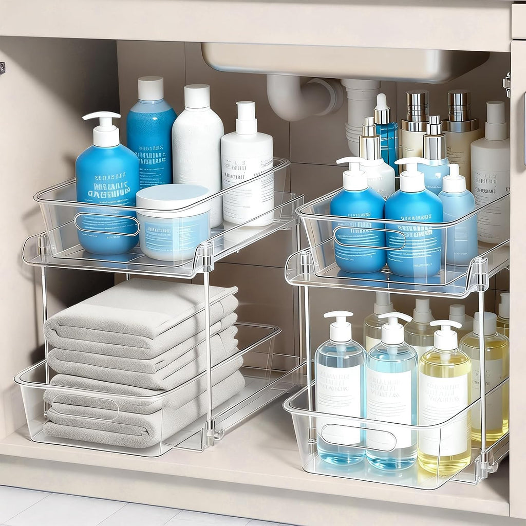2 Tier Under Sink Organizer Bathroom Organizers and Storage, Clear Stackable Bathroom Cabinet Organizer, Multipurpose Pull-Out Home Organizer for Kitchen and Pantry Storage 2 Pack
