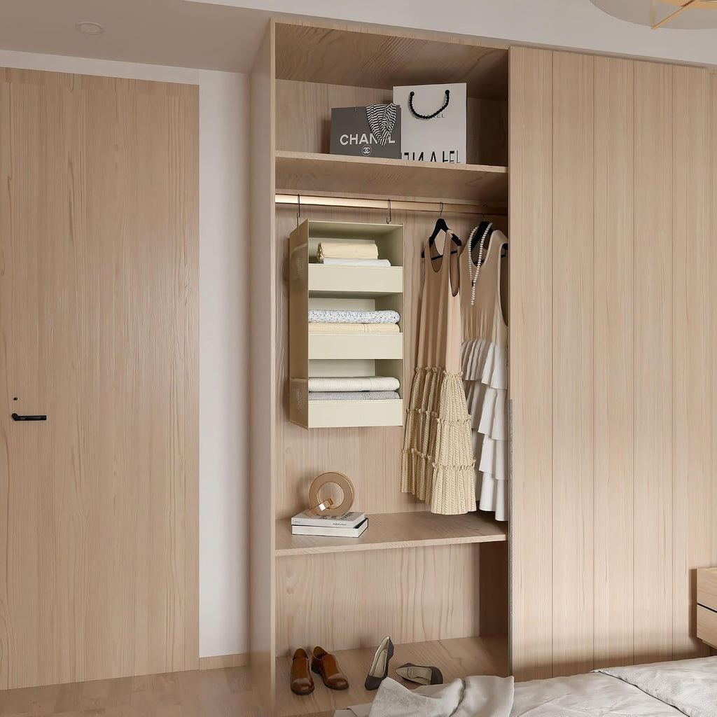 3-Shelf Hanging Closet Organizer, Washable Foldable Storage Shelves, Beige