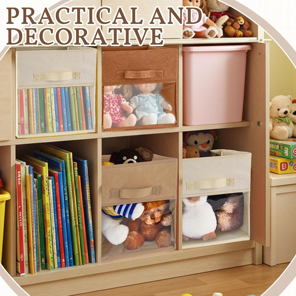 Marsui 12 Pcs Clear Cube Storage Bins Collapsible Fabric for Kids, Brown