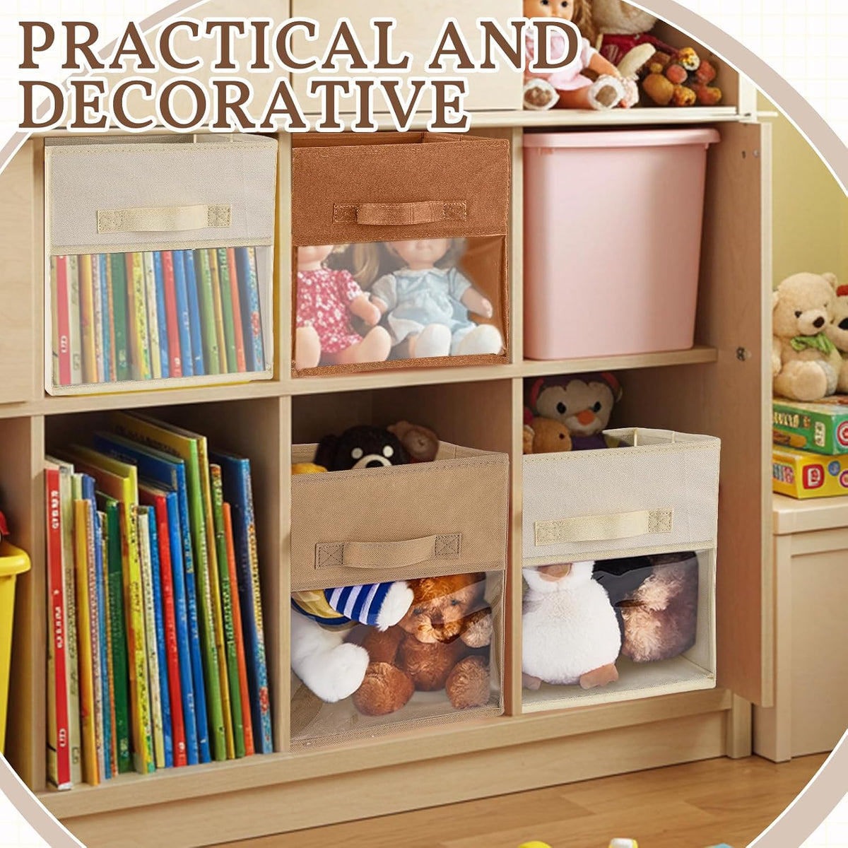 Marsui 12 Pcs Clear Cube Storage Bins Collapsible Fabric for Kids, Brown