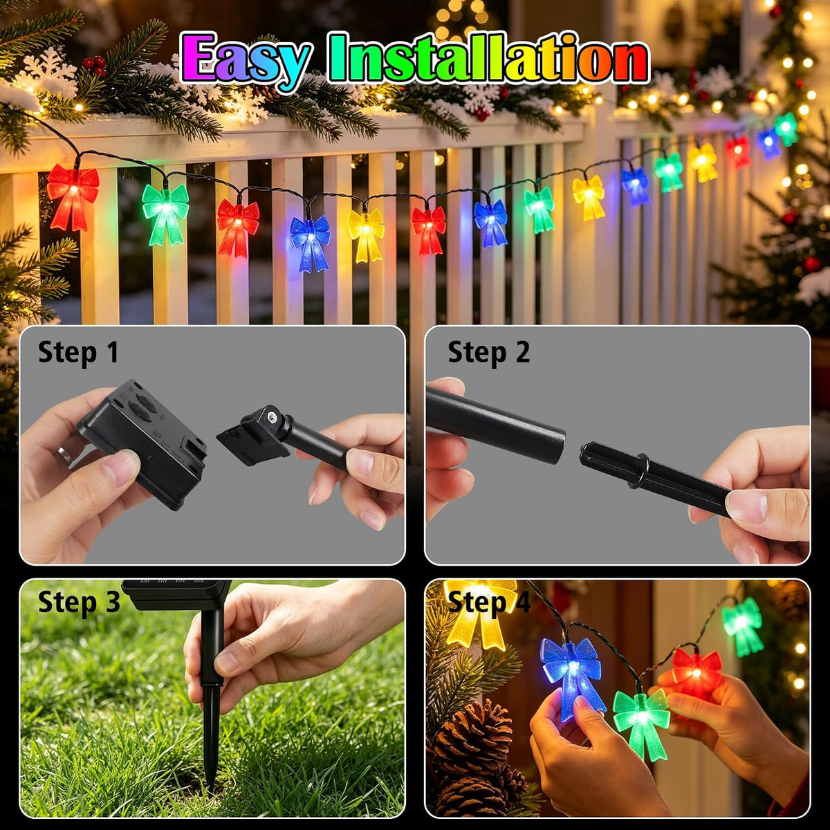 Solar Powered 23FT Christmas Bow 30LED Outdoor String Lights Multicolor