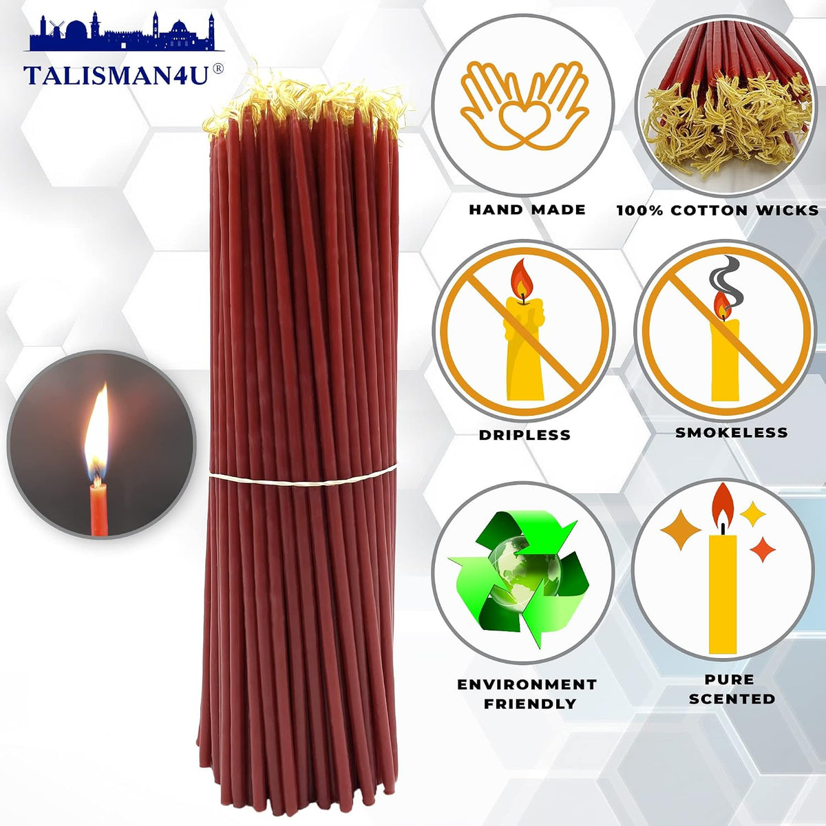 TALISMAN4U 50 Red Beeswax Taper Prayer Candles 11 inch Holy Land Jerusalem