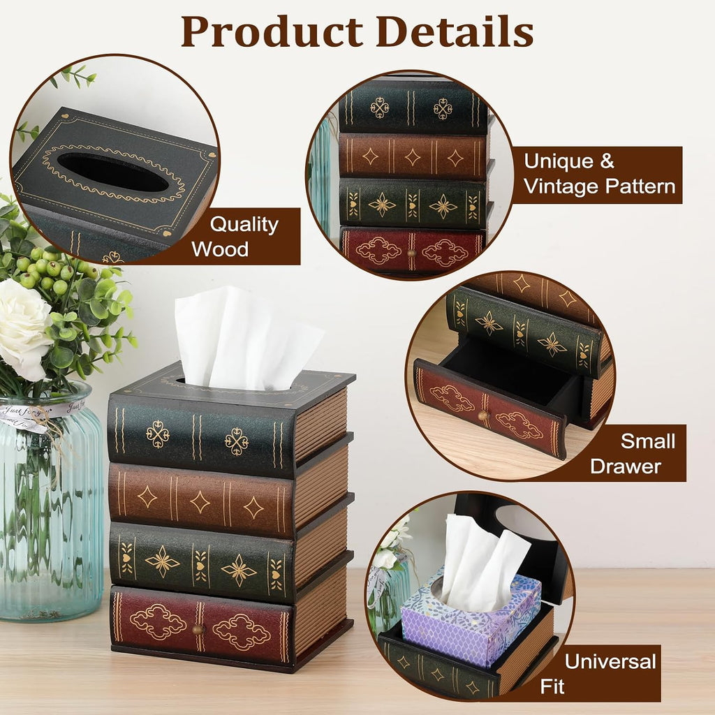 Antique Wooden Book Tissue Box Cover with Storage Drawer, Green Top