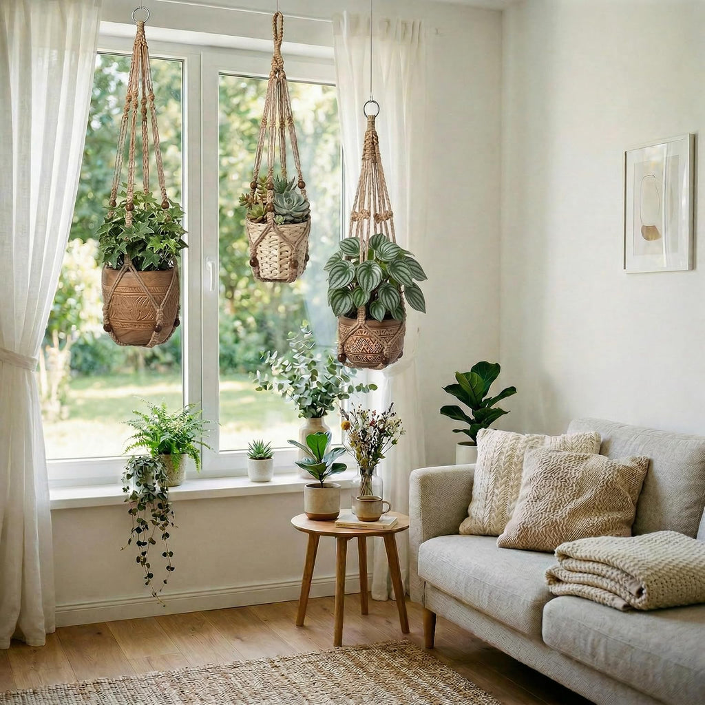 Macrame Plant Hanger 3 Pack, Jute Hanging Planter Holder Set, Brown, 35/29/23 in,with 3 Ceiling Hooks and 3 S Hooks,Suitable for Indoor and Outdoor Home Decor (Pots and Plant Not Included)