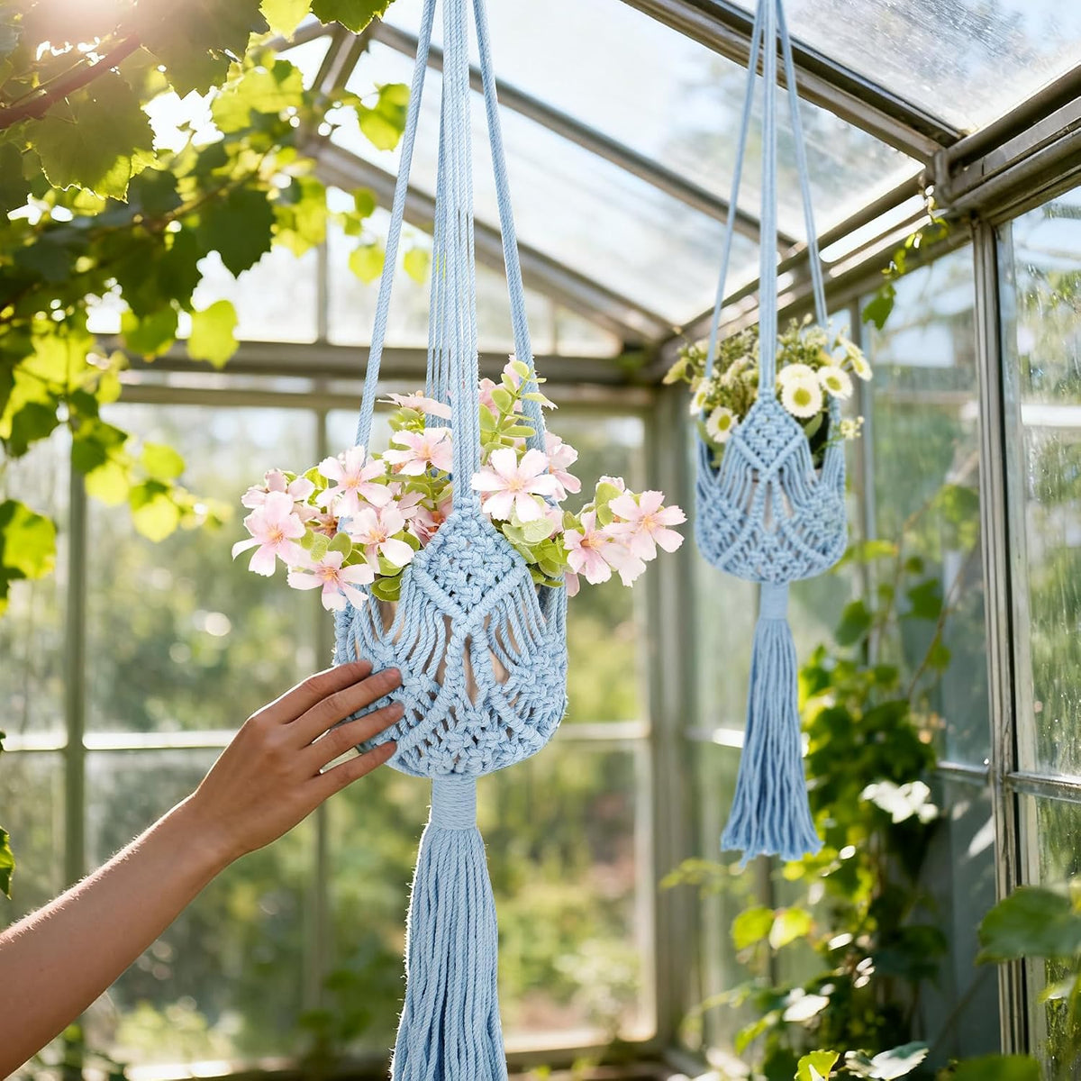 2 Pack Macrame Plant Hangers, 33-Inch Cotton Rope Hanging Planters with Diamond Design, Boho Home Decor for Indoor and Outdoor Use, Blue