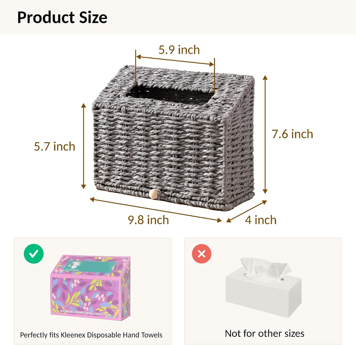 Hand Towel Box Cover, Designed for Kleenex Disposable Hand Towels, Paper Rope Tissue Box for Bathroom, Powder Room, Bedroom (Grey)