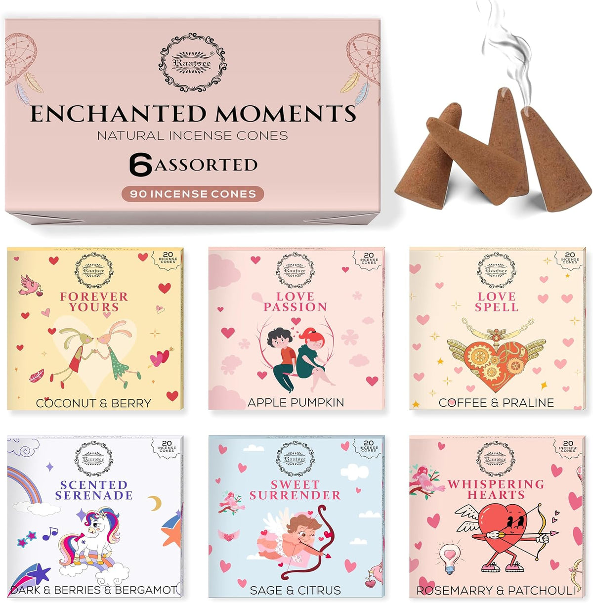 Natural Incense Cones, 6 Pack Enchanted Moments Cone Incense Gift Pack 15 pc Each (90 Total), Insence Cones 100% Organic Non Toxic Natural