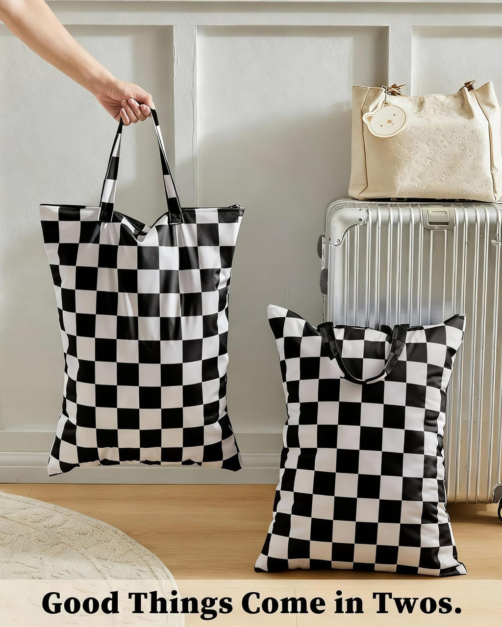 Ohocut Checkered 2 Pcs Large Travel Laundry Bags for Dirty Clothes, Aesthetic Trendy Waterproof Washable Laundry Bag with Handle for Travel, Gym, Swimming Pool Black and White