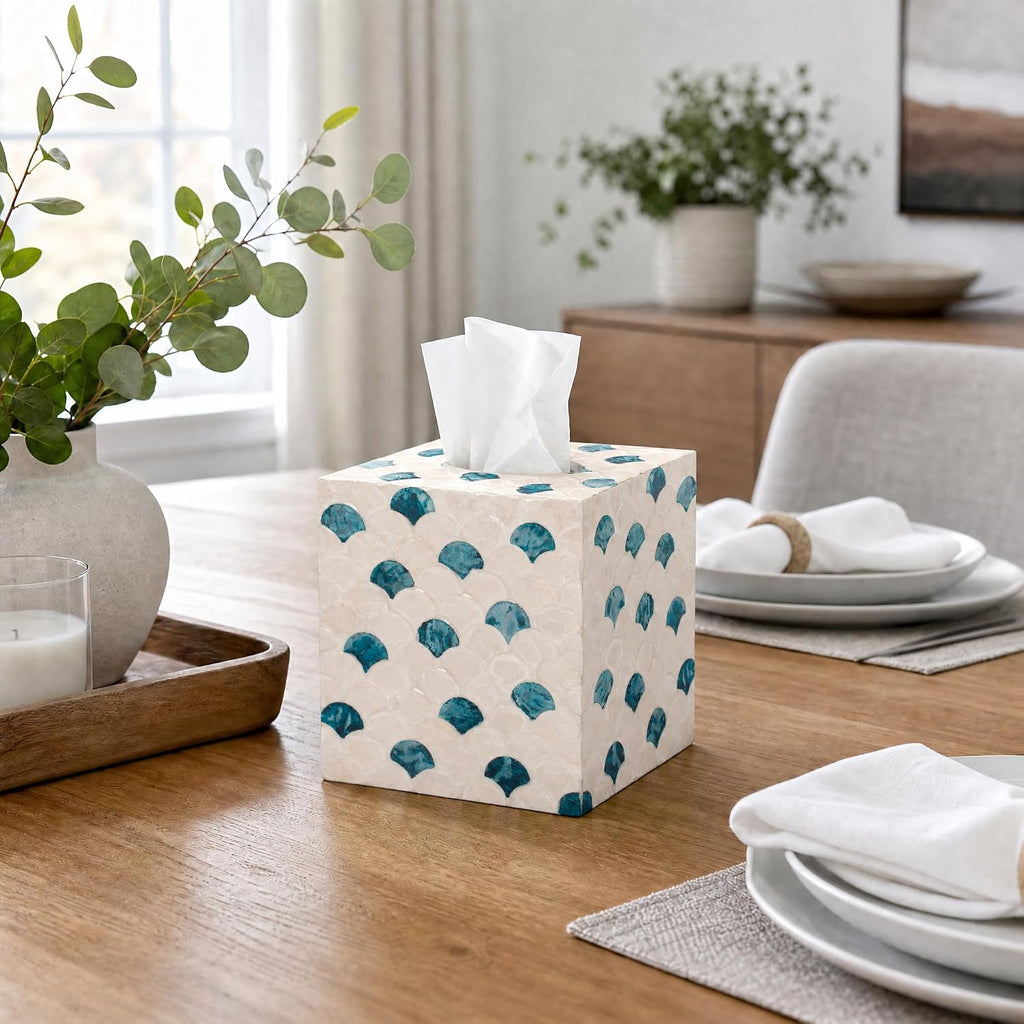 YANGQIHOME Capiz Shells Tissue Box Cover, Handmade Decorative Tissue Box Holder with Mother of Pearl, Square Facial Tissue Holder for Bathroom, Living Room, Kitchen, 5.5" x 5.5" x 5.9" (Blue Tide)