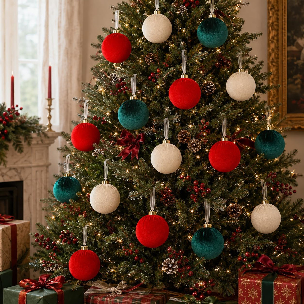 15 Pcs 3.15" Large Red and Green Velvet Ball Ornaments for Christmas Tree