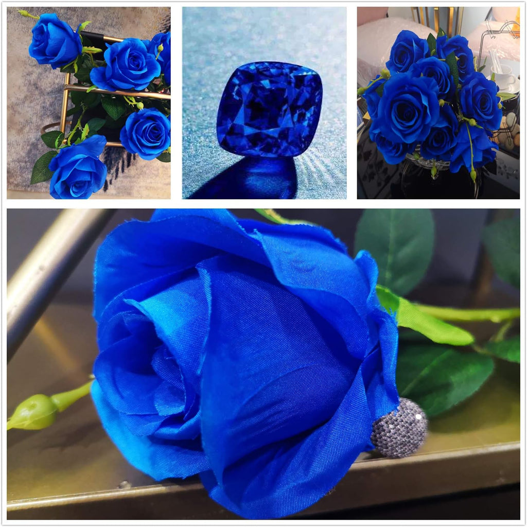 AnotherGifts 10pcs Artificial Silk Flowers Fake Rose Flower Long Stems Bouquet for Arrangement Wedding Centerpiece Party Home Kitchen Decor (Royal Blue)
