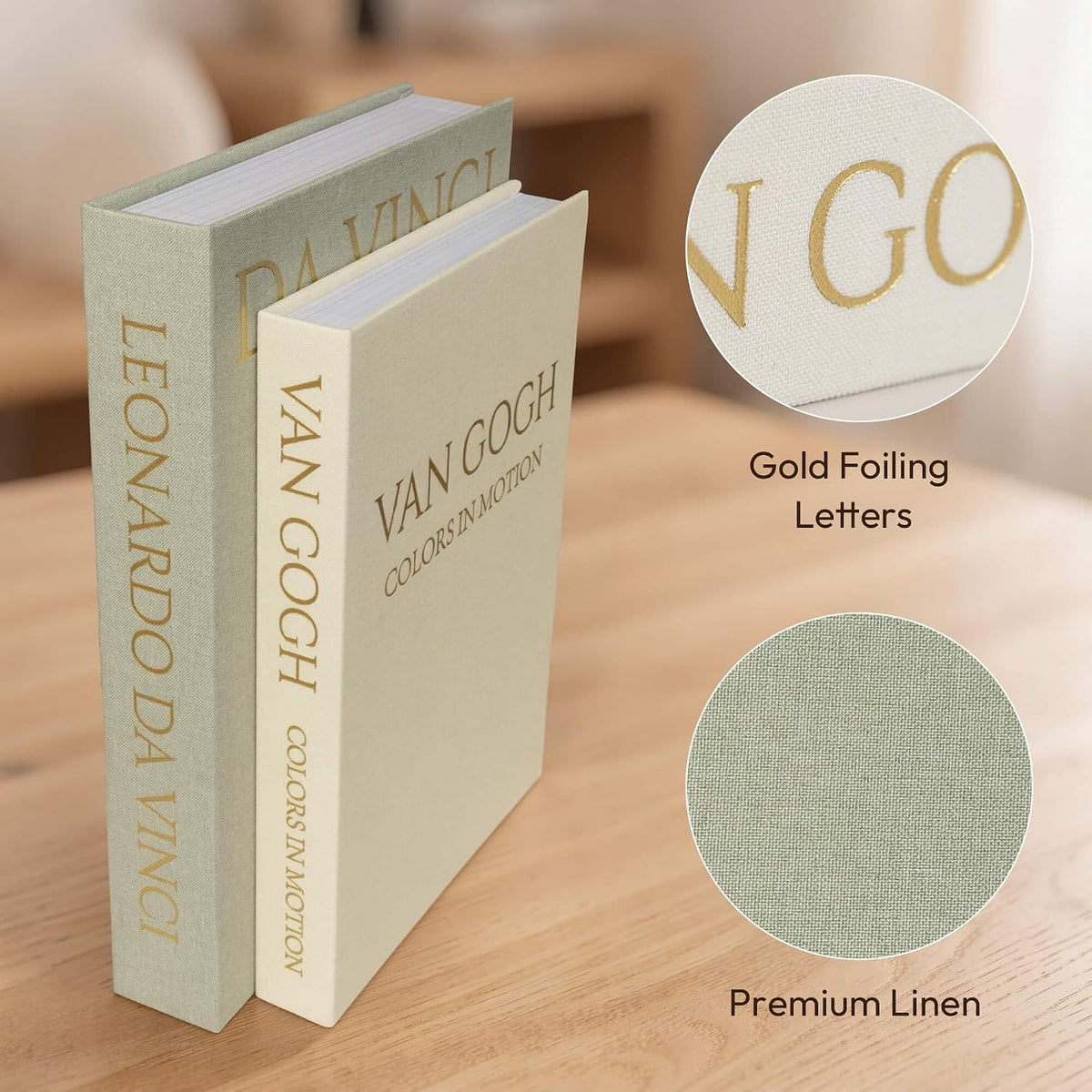 MAOBUYOU Decorative Storage Books Set of 2, Linen Cover, Gold Letters, White and Green