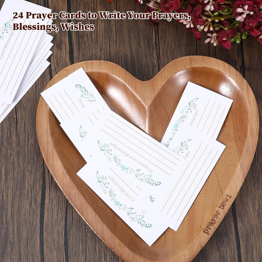 Heart Prayer Bowl with Cross, Dough Wooden Prayer Bowl with Engraved Cross and 24 Cards, Religious Christian Gifts for Women Devotional Prayer Gifts Prayer Room Decor