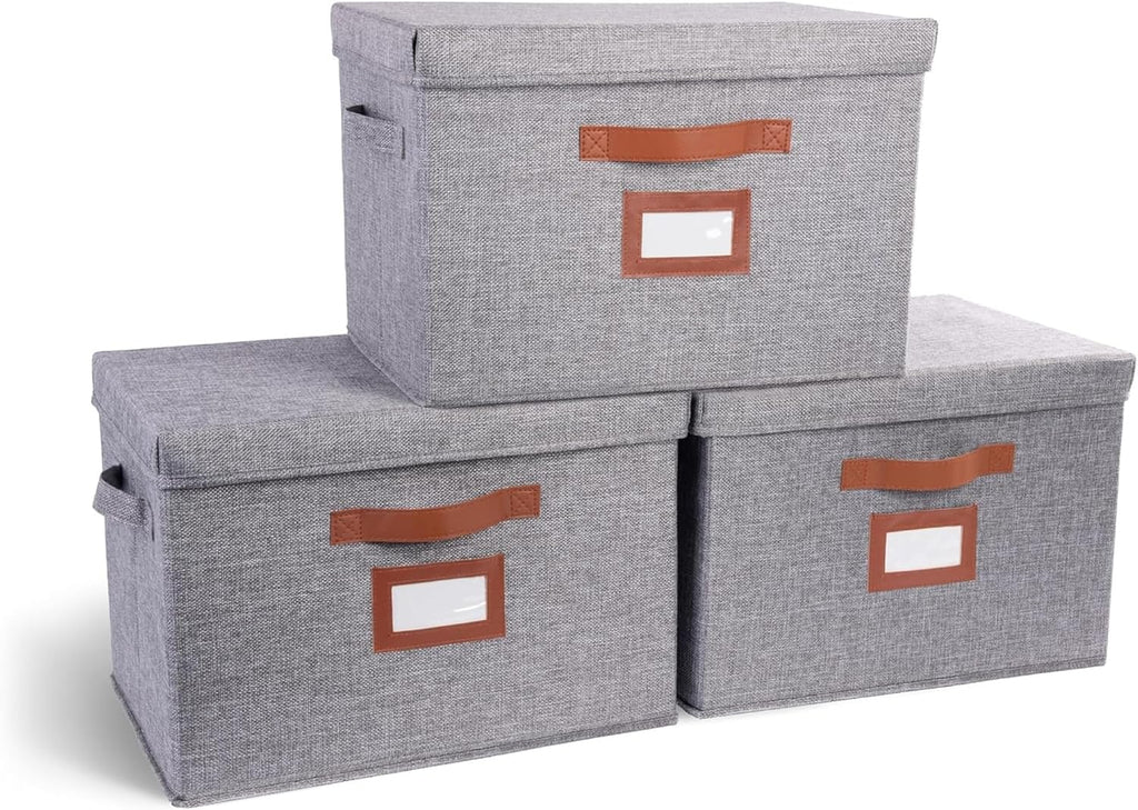 3 Pack Large Fabric Storage Boxes with Lids (15.75" x 11.25" x 11.25") - Decorative Bin with Lid, Label Holder, Faux Leather Handles - Large Storage Boxes for Organizing Clothes, Blankets - Grey