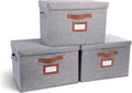 3 Pack Large Fabric Storage Boxes with Lids (15.75" x 11.25" x 11.25") - Decorative Bin with Lid, Label Holder, Faux Leather Handles - Large Storage Boxes for Organizing Clothes, Blankets - Grey
