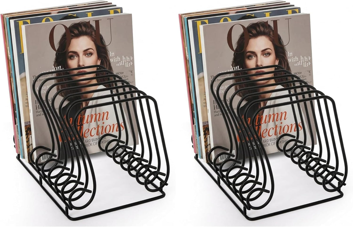 Wire Magazine Holder, 9 Slots Vinyl Record Organizer with Elevated Base, Metal Note-shaped File Display Stand Album Rack for Desk, Home, Office (Pack of 2)