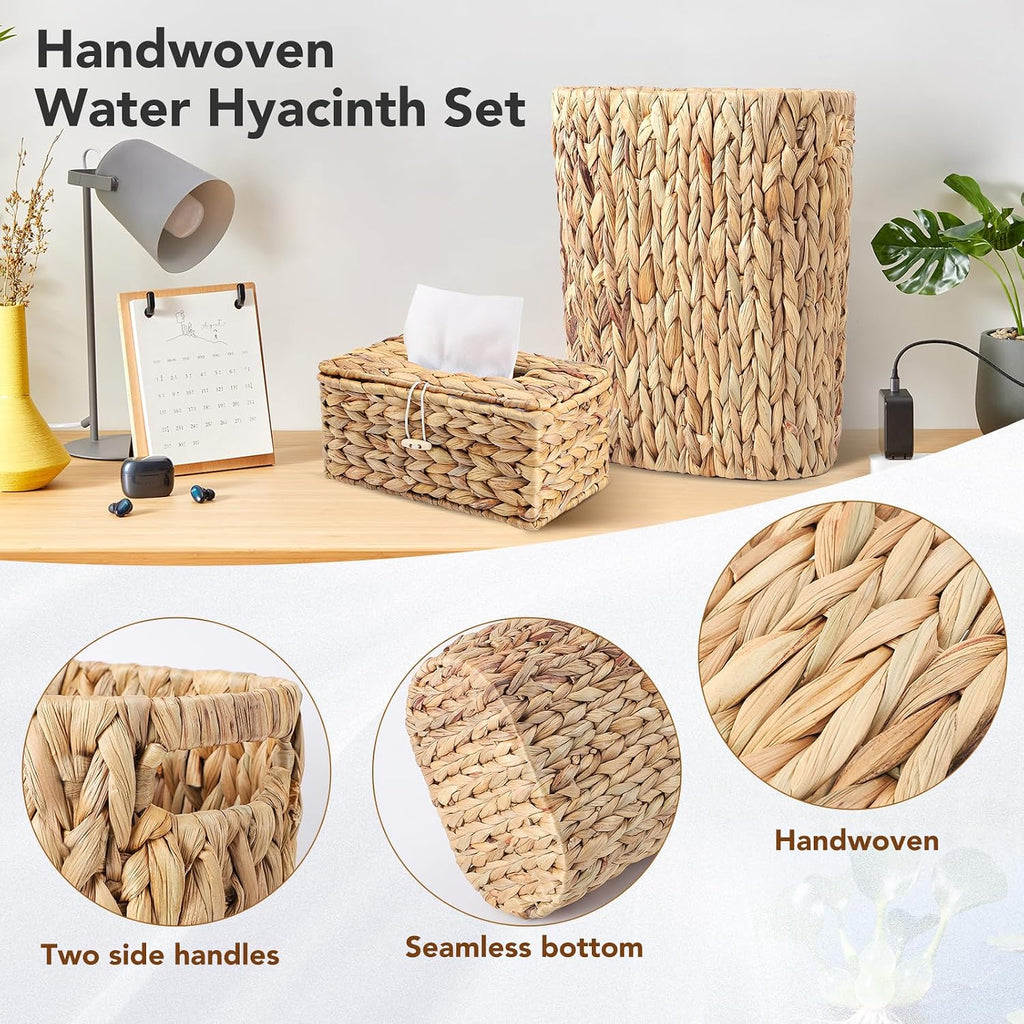 Wicker Trash Can and Rectangle Tissue Box Cover, 4 Gallon Water Hyacinth Bathroom Trash Can, Handwoven Napkin Holder, Narrow Small Waste Basket, Rustic Decorative Home Set for Bedroom,Bathroom,Office