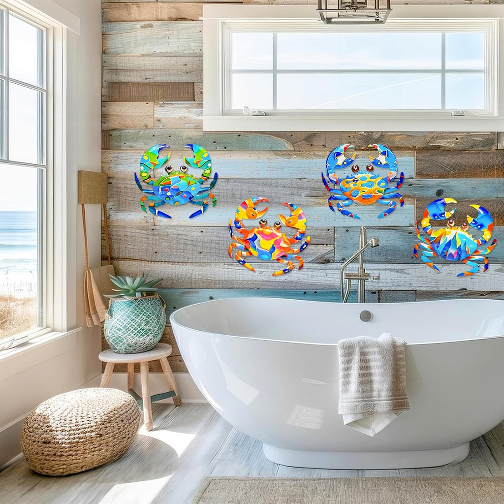 FaloStwer Metal Beach Wall Decor Art, 3D Colorful Sea Turtle Fish Crab and Seahorse Outdoor Sculptures, Ocean Themed Outside Decor for Patio Pool Bathroom Yard Farmhouse Fence Deck (Crab)