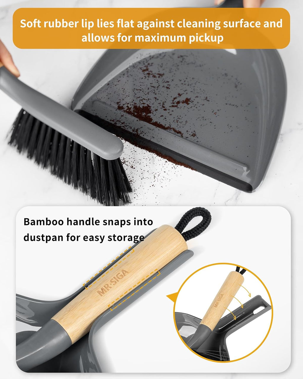 MR.SIGA Dustpan and Brush Set, Bamboo Handle, Gray, 1 Set