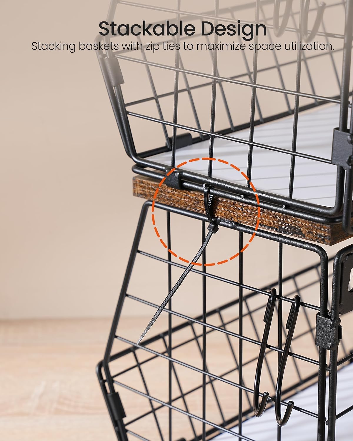 CHOEZON 2-Tier Fruit Basket for Kitchen, Stackable Hanging Basket Wire Baskets with Wooden Lid, Wall-Mounted Kitchen Counter Organizer for Fruit, Vegetable Storage, Rustic Brown and Black TCW02P2BF