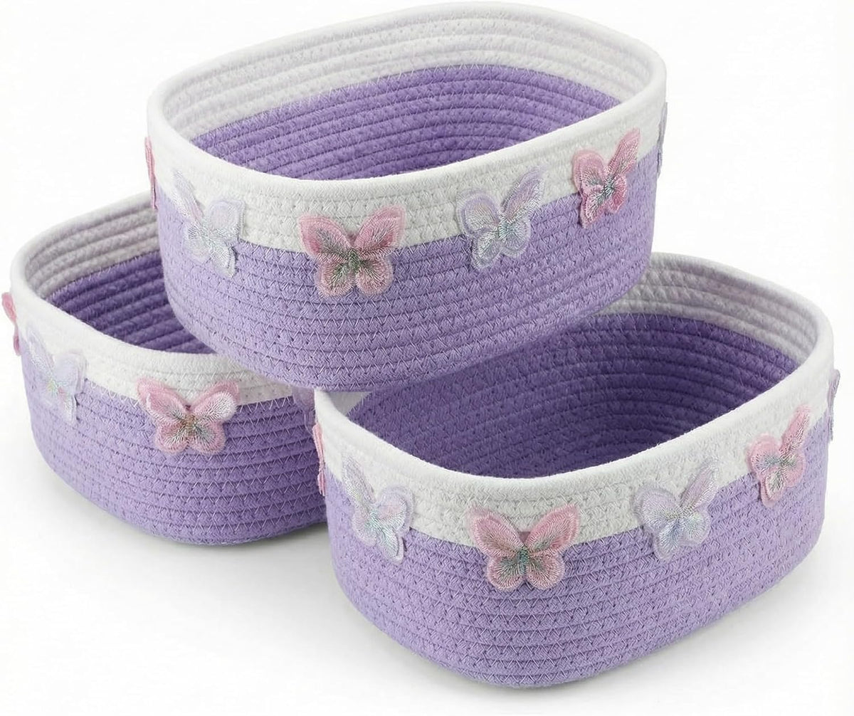 Geelin 3 Pcs Purple Baskets for Gift Cute Butterfly Woven Rope Gift Baskets Rectangle Shelf Organizer Laundry Hamper Storage Bins for Closet Bedroom Decor Nursery Toys Organizing, 11.8''x7.8''x4.7''