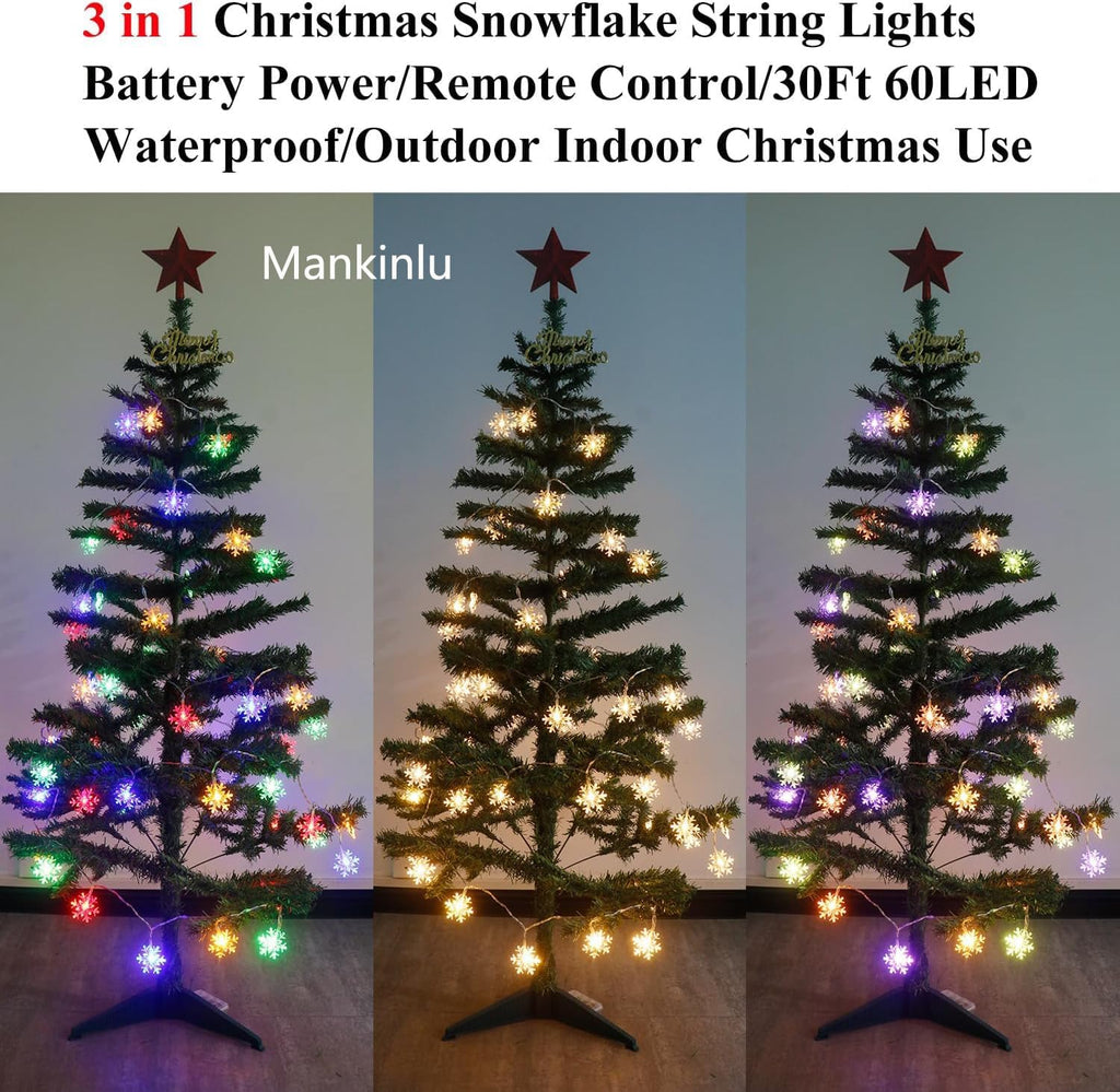 Christmas Decorations Snowflake Lights, 30ft 60 LEDs Snowflakes Christmas Lights Battery Operated String Lights with Remote for Xmas Tree Window Curtain Outdoor Indoor Winter Decor Multicolor