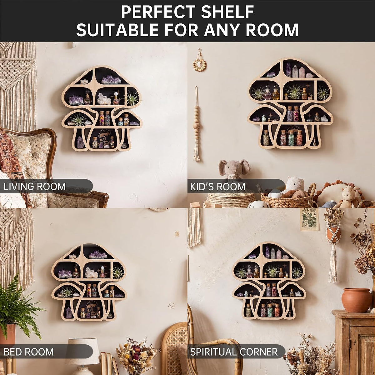 Mushroom Decor Floating Shelves, Crystal Display Shelf, Whimsy Wall Decor