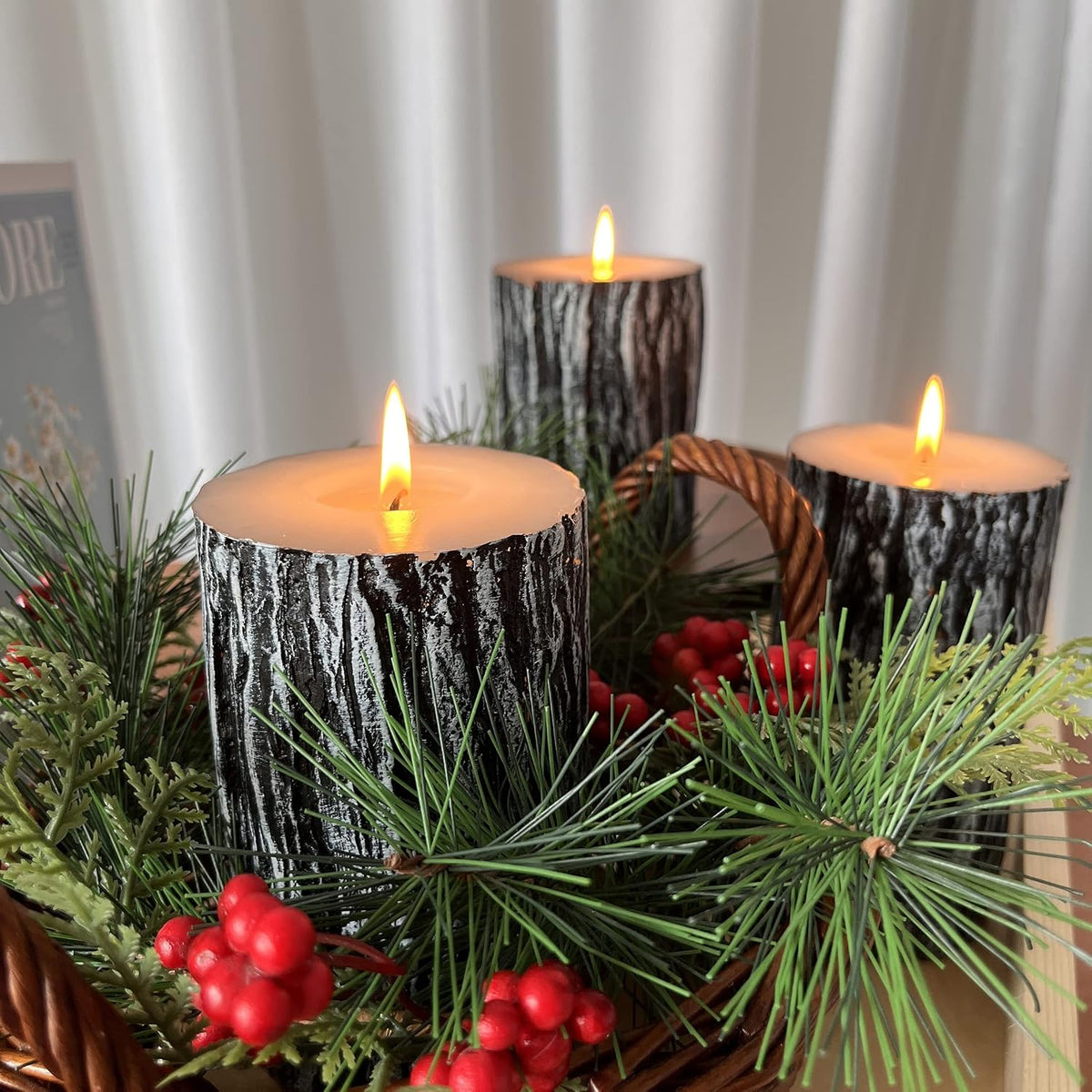 MOZEAL Hand-Poured Unscented Candle,Dripless Smokeless Cotton Wick Pillar Candle Set of 3,Includes 4", 5" and 6",300 Hours Burn Time,Country Style,for Christmas and Fireplace Decor(Black Pine Tree)