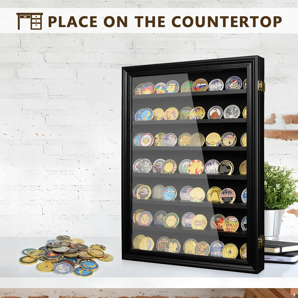 7 Rows Military Challenge Coin Holder Wall Display Case with HD Tempered Glass – Holds 100 Coins, Medal Display Cabinet Rack Shadow Box with Removable 2-Groove Shelves for Casino Poker Chips, Black