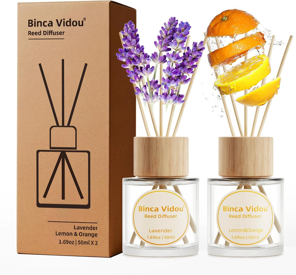 Reed Diffuser Set, Binca Vidou Lavender Orange & Lemon Natural Scent Oil Diffusers with Sticks for Home Office Bathroom Aromatherapy Decor 1.69oz x 2