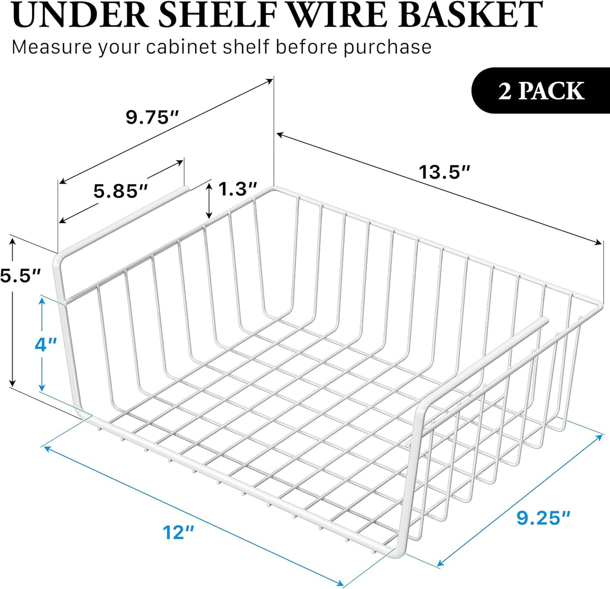 Simple Houseware 2-Pack Under Shelf Wire Metal Basket Shelf, White