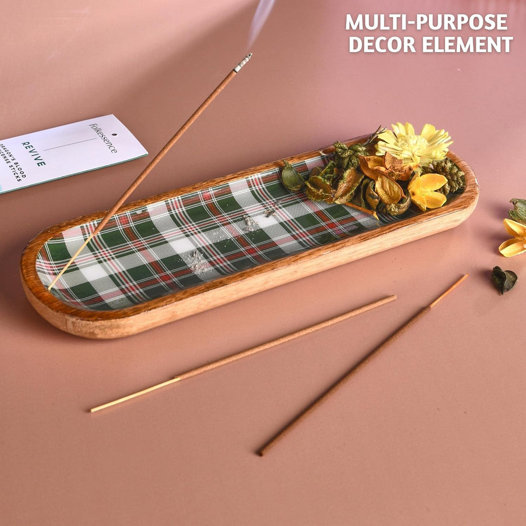 Folkulture Incense Holder or Incense Burner, Modern Incense Holder for Sticks, Ash Catcher or Insence Stick Holder for Housewarming Gifts, Wooden Incense Tray for Sticks, Green Plaid