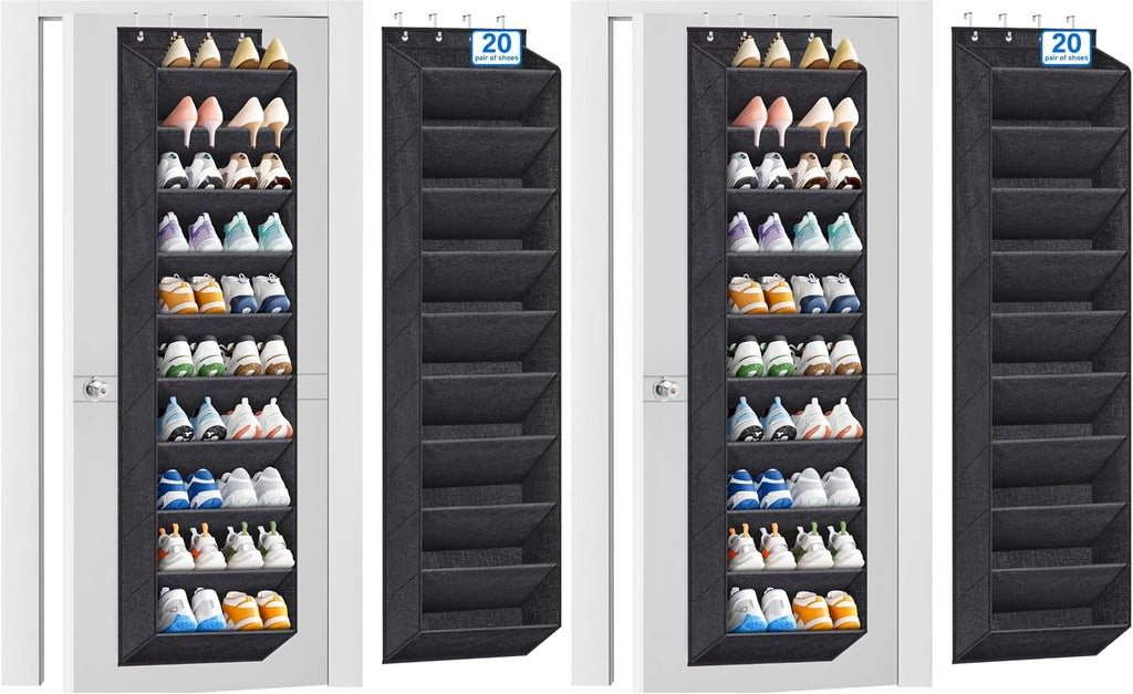 KIMBORA 10 Tier Over the Door Shoe Organizer with Large Pockets, Hanging Shoe Rack for Closet Door Storage, Fits 20 Pairs of Sneakers Boots Hanger Holder, Black (Pack of 2)