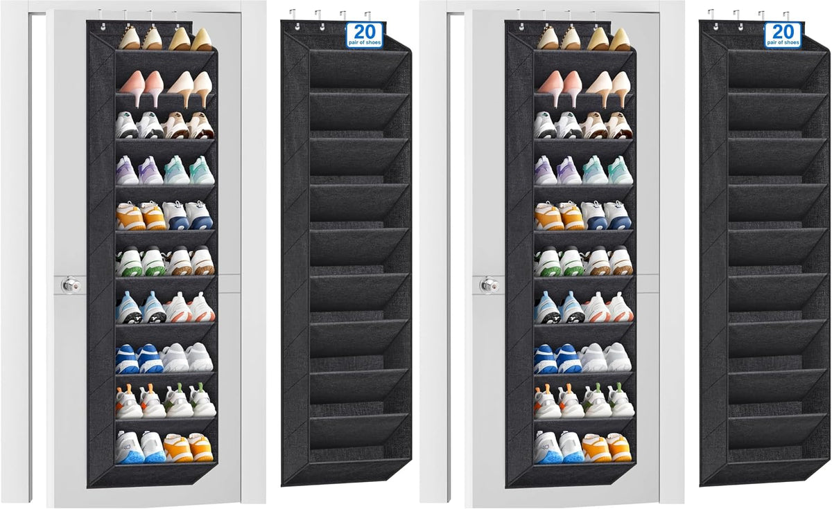 KIMBORA 10 Tier Over the Door Shoe Organizer with Large Pockets, Hanging Shoe Rack for Closet Door Storage, Fits 20 Pairs of Sneakers Boots Hanger Holder, Black (Pack of 2)