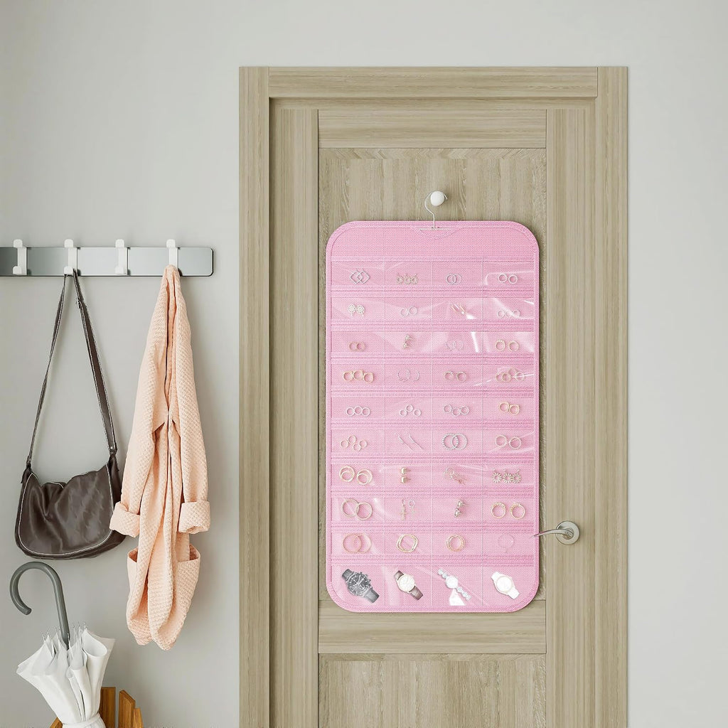 Hanging Jewelry Organizer 80-Pocket Double-Sided Storage, 2-Pack, Pink