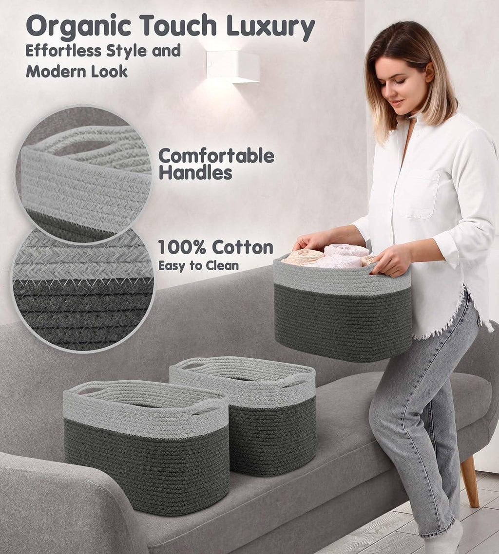 CHAT BLANC Cotton Rope Baskets for Organizing I Storage Baskets for Shelves | Rope Basket for Storage, Small Laundry Baskets, Woven Baskets for Storage, Dog Toy Bin, Baby Basket, Gray & Graphite 3Pack