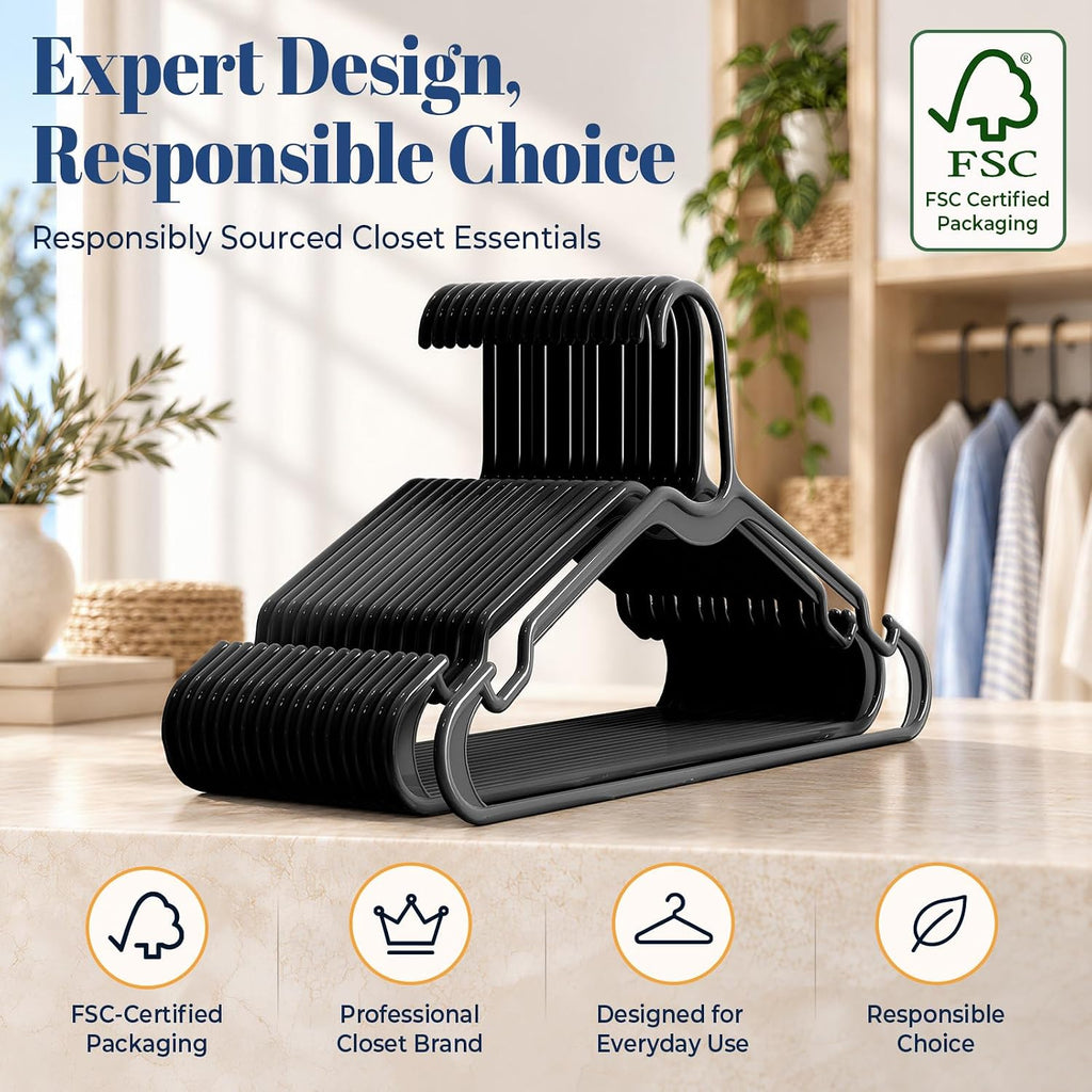 HOUSE DAY Black Plastic Hangers 30 Pack, Slim Non-Slip with Extended Notch